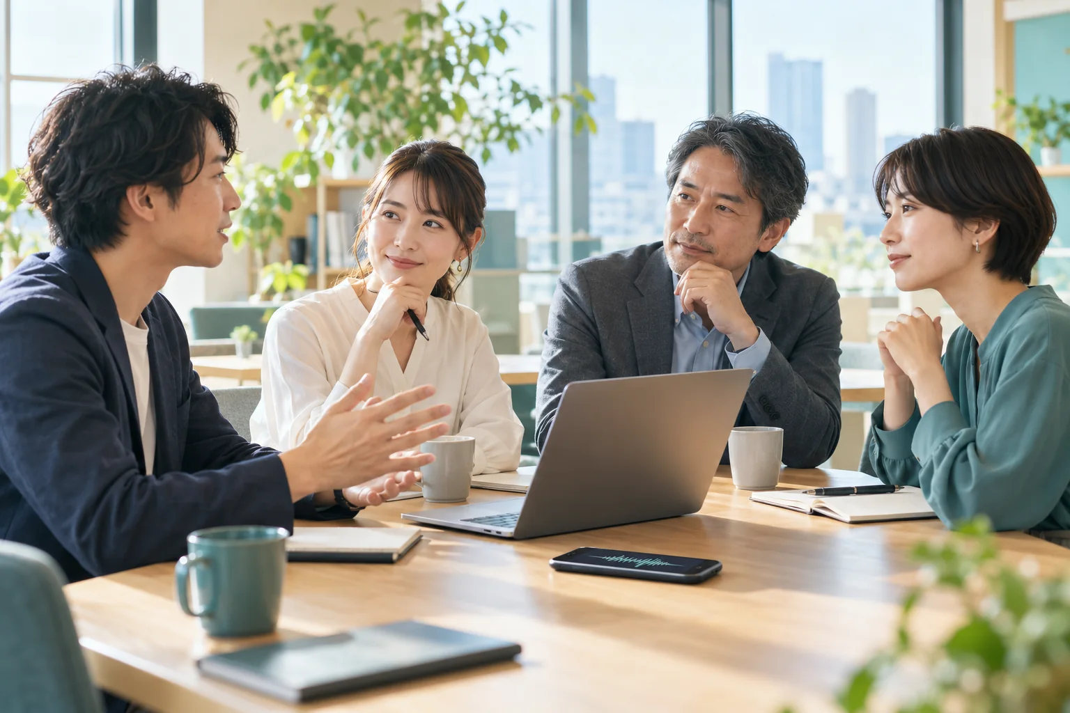 PCと録音中のスマートフォンを囲む四人の会議の利用イメージ